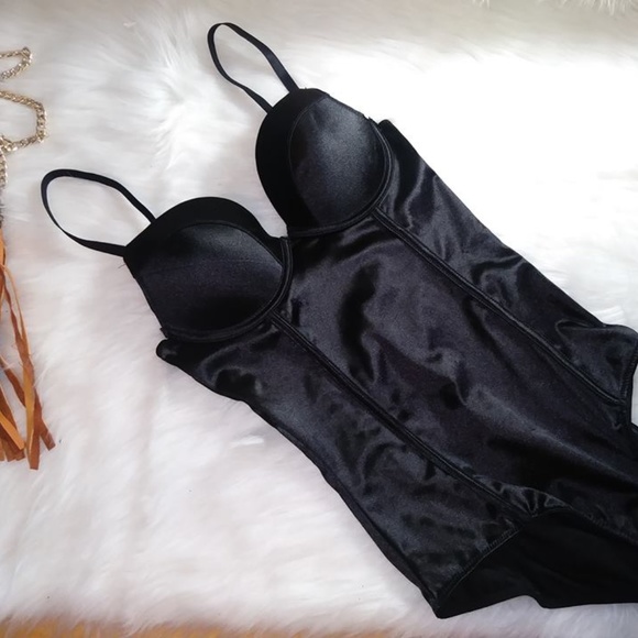 black satin corset bodysuit